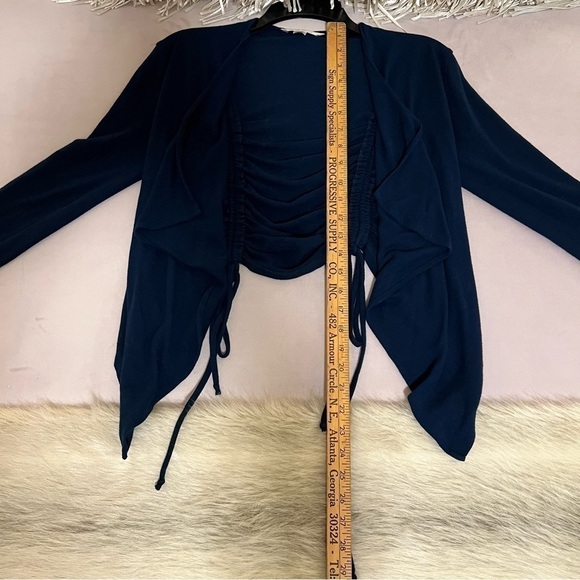 DEREK HEART Navy Blue S 3/4 Sleeves Open Cardigan Drawstring Vertical Cinch Back - Picture 10 of 10